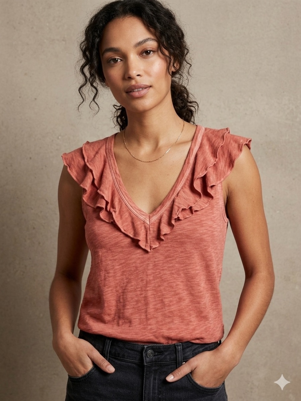 Veronica Beard Womens Pima Cotton Ruffle V-Neck Ellerie Top In Faded Rose Sz M